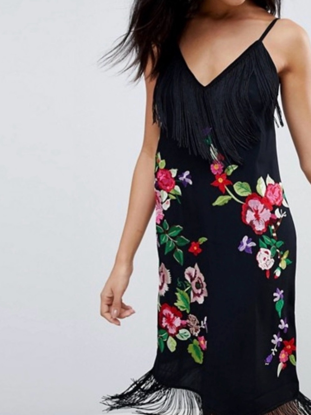 ASOS Women’s Fringe Slip Cami Style Dress with Bright Floral Embroidery  Size 14